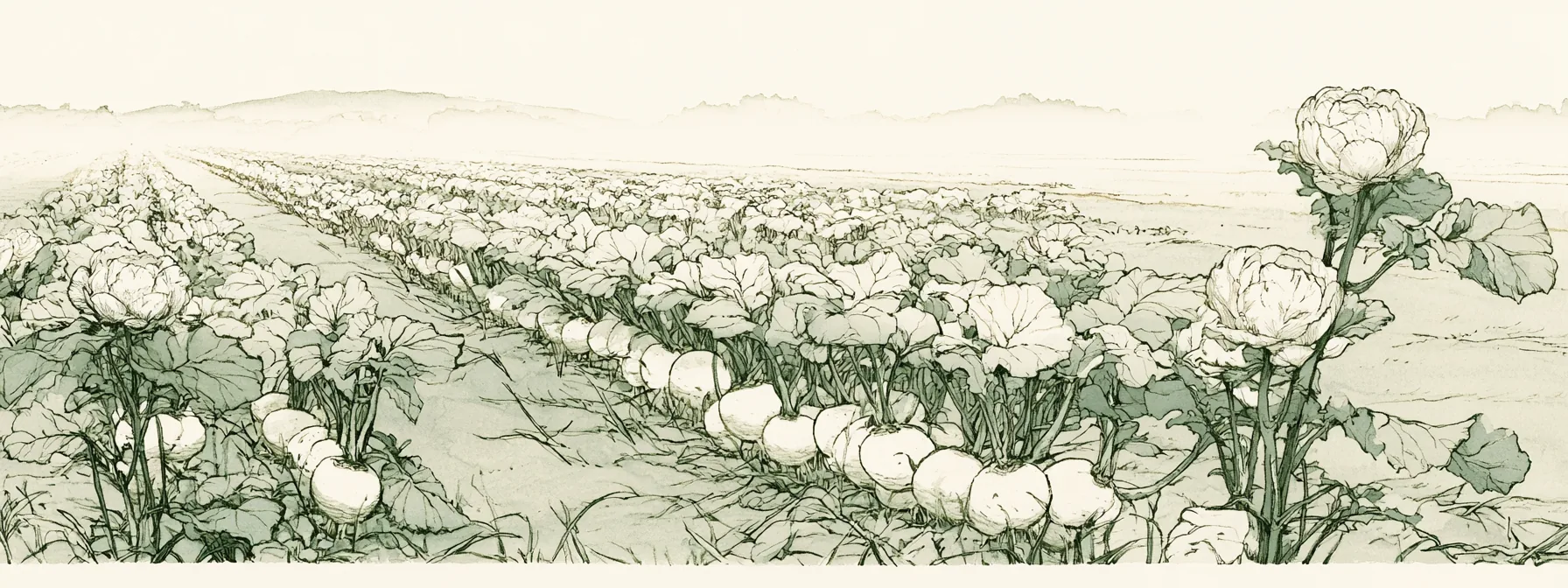 朝もやの畑に蕪が並ぶ水彩画