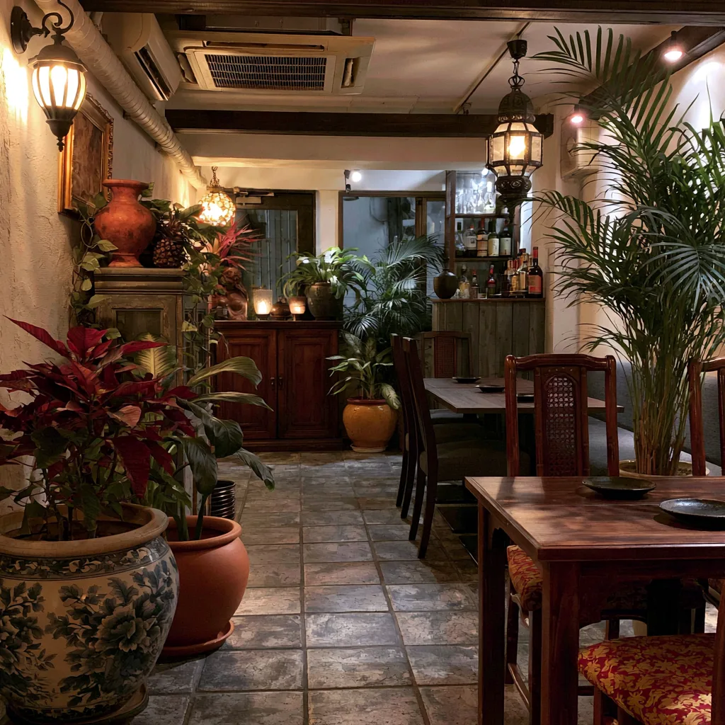 観葉植物と間接照明にかこまれた、落ち着いた雰囲気の店内席