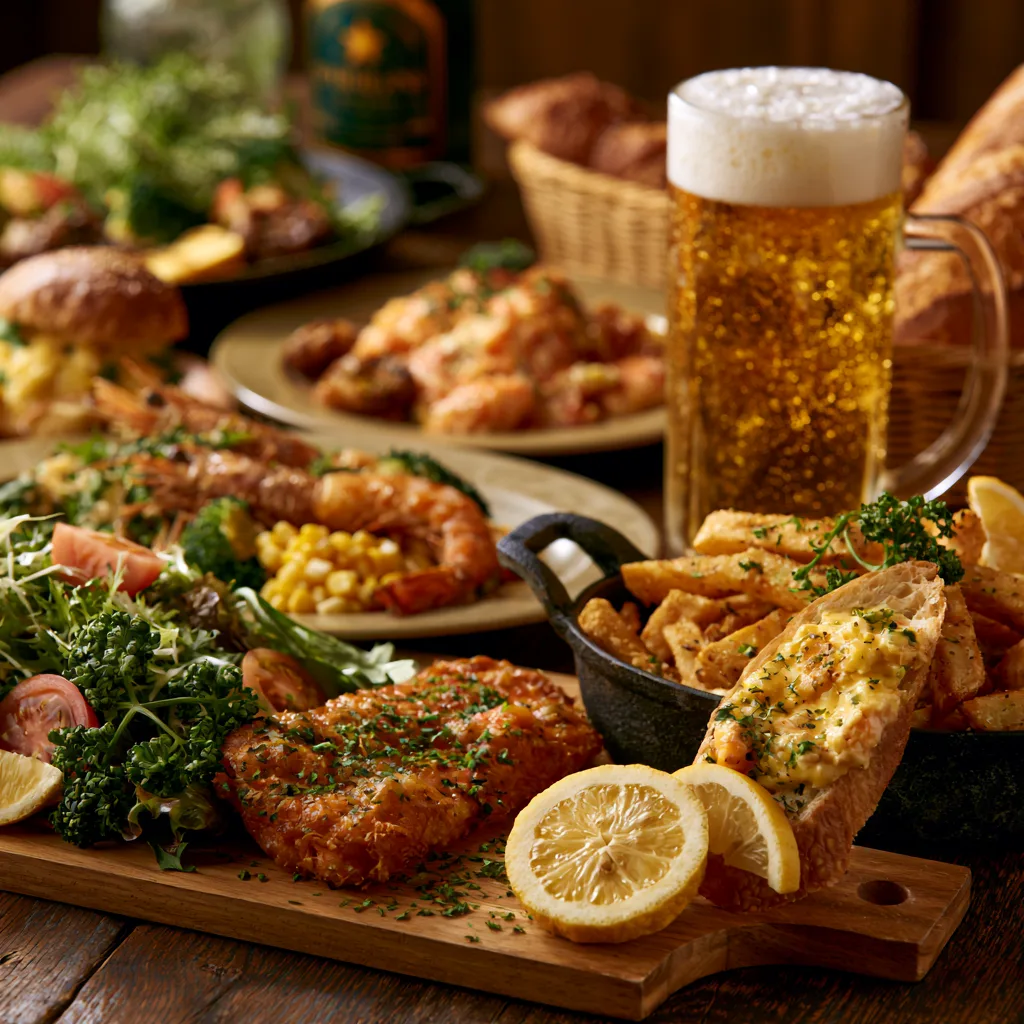 旬の食材を盛り合わせた宴会コースの料理と、なみなみ注がれた生ビール