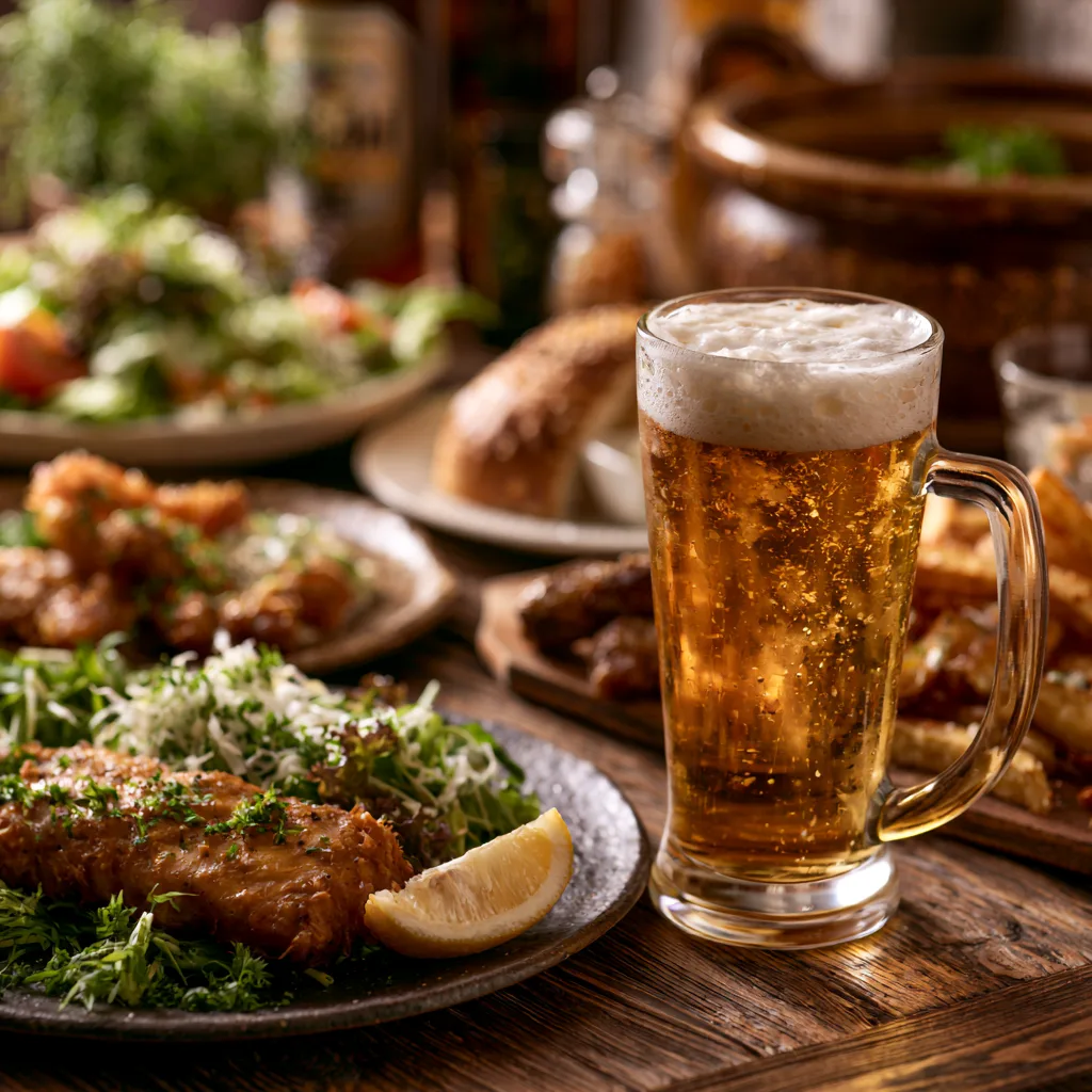 揚げ物や定番料理の盛り合わせと、冷えた生ビールのジョッキ